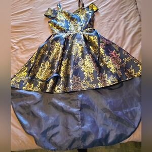 Rare Editions Navy Blue and Gold Floral Hi-Low Dress - Girls
